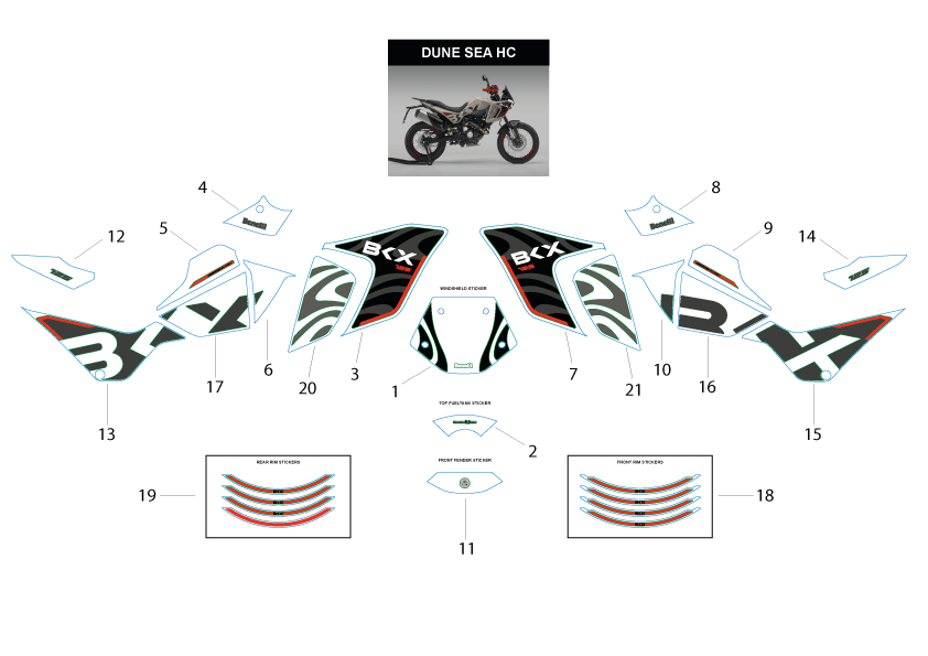 Náhradní díly pro BENELLI BKX 125 EU5 PLUS 2026 - T037 - Samolepky – verze Dune Sea - rozkres