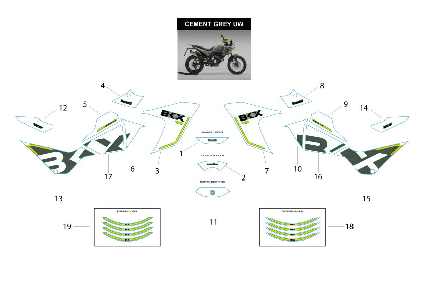 Náhradní díly pro BENELLI BKX 125 EU5 PLUS 2026 - T035 - Samolepky – verze Cement Grey - rozkres