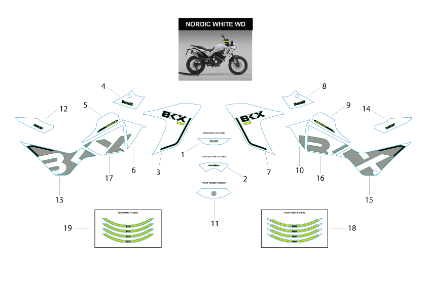 Náhradní díly pro BENELLI BKX 125 EU5 PLUS 2026 - T034 - Samolepky – verze Nordic White - rozkres